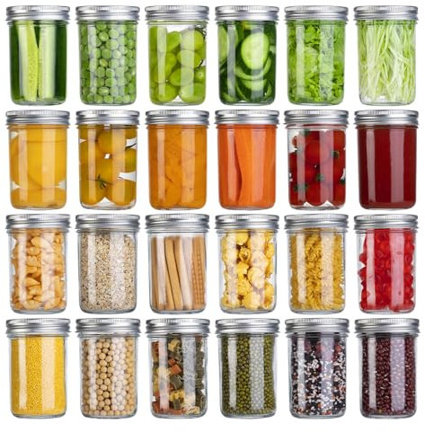 SKOCHE Mason Jars 8 oz, Small Canning Jars 24-Pack 8 Ounce Glass Jars with Lid, Half Pint Mason Jars Ideal for Jelly, Honey, Jam, Wedding, Shower Favors-Includes 24 White Labels