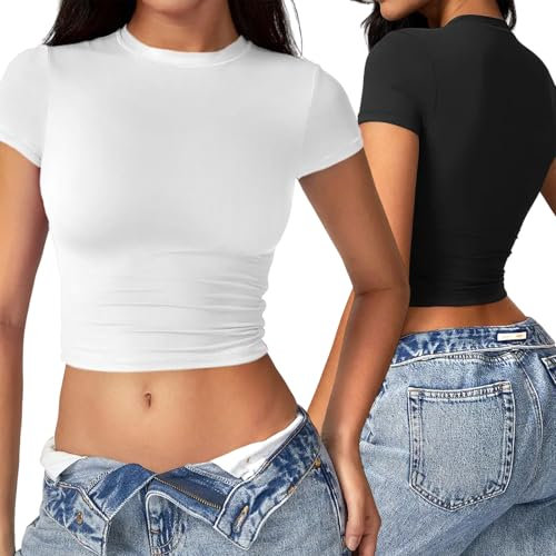 Sahunfri 2 Packs Women's Slim-Fit Crop Top, Crew Neck Crop Tops for Women, Basic Tops Women for Club Party Casual Outfits Shirt (UK, Alpha, XL, Regular, Regular, Standard, Black+White)