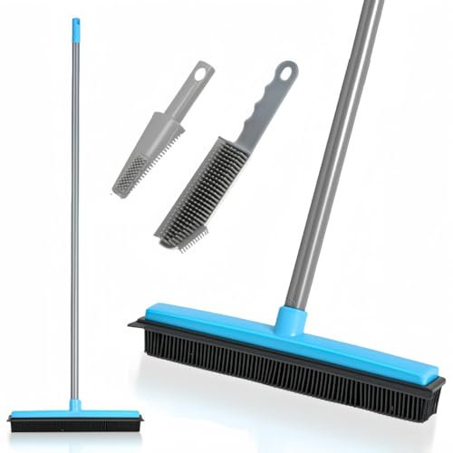 Rubber Broom, 2 in 1 Rubber Broom with Squeegee, Adjustable Long Handle Rubbers Brooms, Floor Scrubing Brush, for Pet Cat Dog Hair Removal Carpet Kitchen Garden Yard Window Cleaning,Blue
