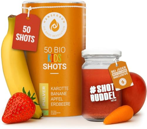 Hansegrün - Bio Kids Shots (50 Stk.) - Täglicher Allrounder | Für das Immunsystem¹, Zähne² & Knochen³ - Superfood-Pulver mit Gemüse, Früchten & Beeren - 100% echte Zutaten