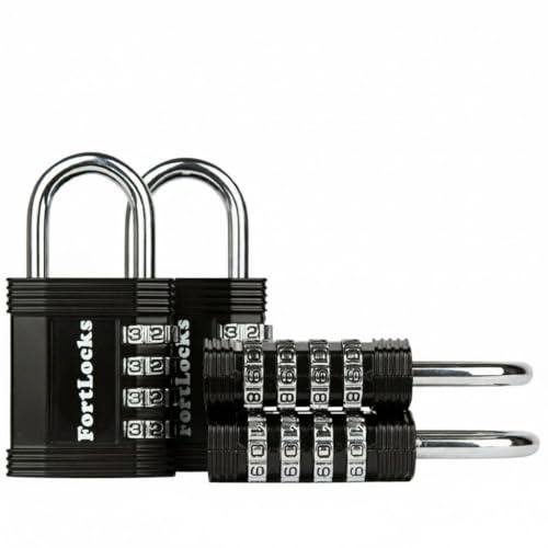 FortLocks Gym Padlock | 4-Digit Combination Lock for Indoor Lockers & Outdoor Use | Heavy-Duty, Rustproof, Weatherproof | 4-Pack, Black