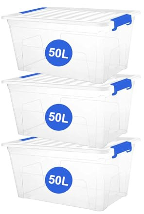 RelianceUK 3 X 50L Plastic Storage Box with Clip Lock Lids | Stackable Medium Storage Containers with Lids, Multipurpose Clear Strong Storage Boxes for Home Office Garage (50 Litre / 3 Pack)