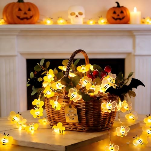 Biene Lichterkette,3M Led Lichterkette Innen Batterie,Lichterketten Bienen Deko,Bienen Fairy Lights für Garten für Kinderzimmer,Hochzeit,Garten,Weihnachten,Außen(Transparent + Gelb)