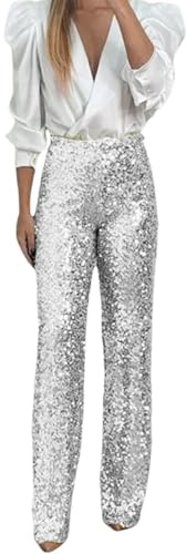 Generisch Damen Party Pailletten Elastische Taille Slim Fit Elastische Schlaghose Mode Einfarbige Hose
