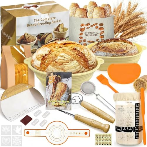 Bread Proofing Set,Cesta de Fermentación para Silicona Pan 25cm Ovalado y 23 cm Redonda,Fermentation Basket,16 Piezas Kit Completo de Panadero,Kit de iniciación para principiantes y Experimentados