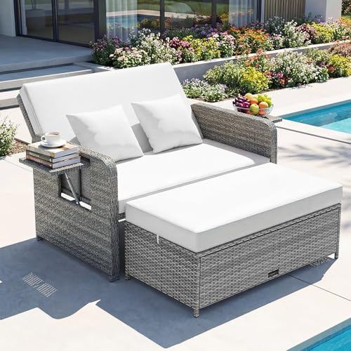 GIANTEX Lounge Möbel Outdoor, Rattan Gartenlounge Set mit Hocker, Gartensofa mit Liegefunktion, Balkon Lounge Set, Doppelliege Outdoor Sofa, Balkonmöbel Sonneninsel Loungebett mit stauraum