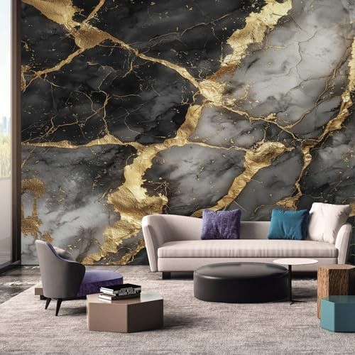 Marble Effect Wallpaper, Black Grey Gold Wallpapers Mural for Living Room Badroom Kitchen, Marble Effect Home Decor Wall Art Murals Stickers 350x256 cm, Not Self Adhesive, KD2230