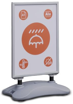 Durable Kundenstopper A1 HEAVY BASE OUTDOOR, befüllbar, silber, 506723 | Wetterfester Plakatständer, doppelseitig, UV-beständig, 20 L Basis, Transportrollen, IPX4 Schutzart