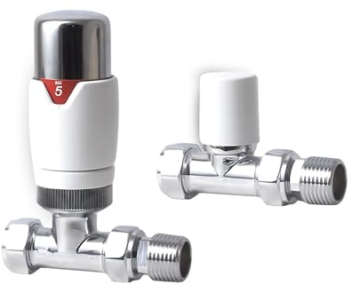 Thermostatic Radiator Valve and Lockshield Set - Chrome & White TRV4 Straight TRV 15mm, Temperature Control for Central Heating, Fits Column Radiators & Towel Rails - Hulthor (White & Chrome)