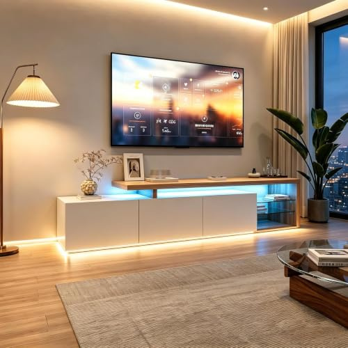 Mueble de TV Modular con Iluminación LED, Mueble de TV Moderno con 3 Puertas y 2 Estantes Abiertos de Vidrio, Mueble Bajo para TV Armario de Almacenamiento Elegante para Salón (Blanco-3, 200x39x42)