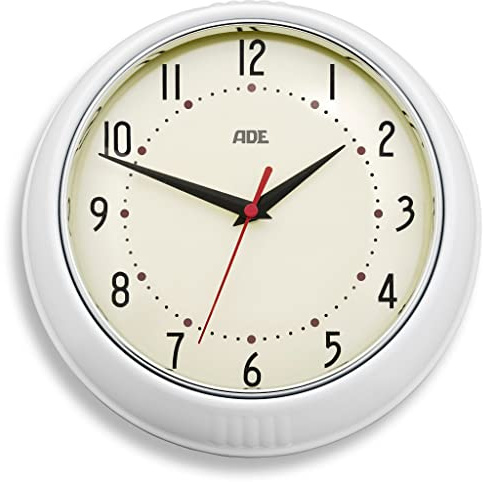 ADE Wanduhr CK 1601. Analoge Uhr mit 24 cm Durchmesser, präzisem Quarz-Uhrwerk, Rahmen aus lackiertem Metall und Abdeckung aus Glas. Farbe: Creme + Weiß. Inklusive Batterie, 24.0 x 24.0 x 6.5 cm