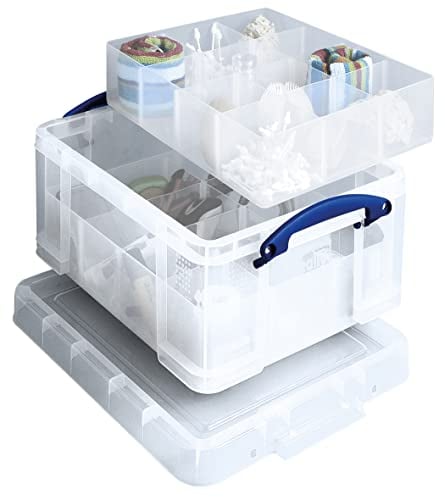 Really Useful Box Plastic Storage 21 Litre with 2 Trays 6 + 12 Compartments Clear