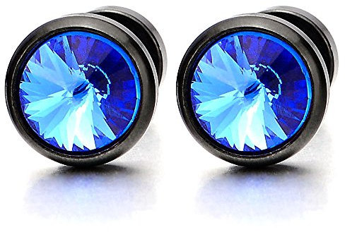 2 Herren Damen Schwarz Ohrringe mit 6mm Blau Zirkonia Fake plugs Ohr Cheater Tunnel Gauges Ohr-Piercing Edelstahl