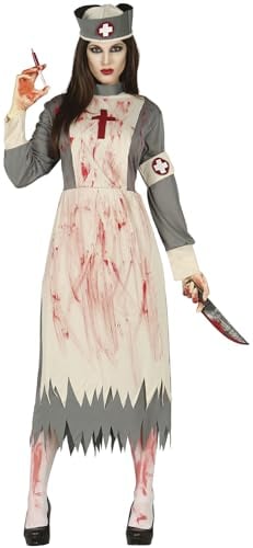 FIESTAS GUIRCA | Costume d'Infirmière Morte (38-40/M) - Robe et Coiffe pour Adultes - Costumes de Médecins et Infirmières pour Halloween, Carnaval et Fêtes d'Horreur - Gris et Beige
