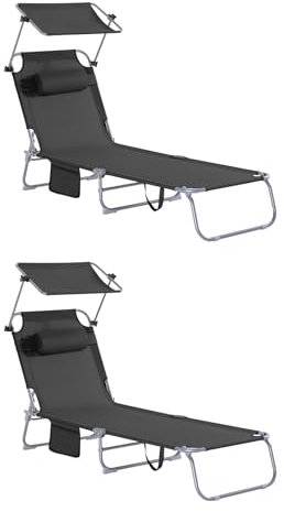 SoBuy Lot de 2 Transat Jardin Extérieur Pliable Bain de Soleil avec Oreiller Chaise Longue avec Pare-Soleil et Poche Latérale Mobilier de Jardin pour Terrasse Piscine Noir 155x56x81cm OGS48-SCHx2