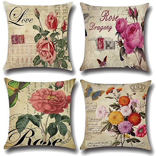 JOTOM Dekorative Kissenbezug Atmungsaktiv Kissenhülle Bunte Dekokissen Sofakissen Bezug Auto Home Bed Büro Cafe Garten Outdoor 45 x 45 cm 4er Set (Blumen, 45 x 45 cm)
