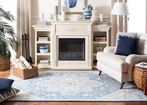 SAFAVIEH Traditionell Teppich für Wohnzimmer, Esszimmer, Schlafzimmer - Micro-Loop Collection, Kurzer Flor, Blau und Elfenbein, 120 x 180 cm