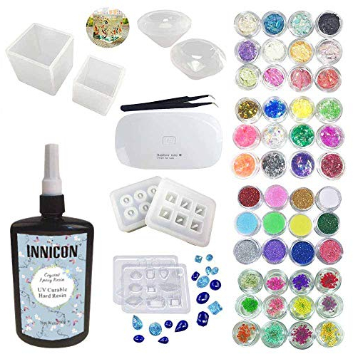 INNICON 250g UV Kristall Epoxidharz Klar 8 Silikonformen 48 Zubehör Mini UV/LED Lampe Pinzette Für DIY Handgemachten Schmuck Handwerk Anhänger Charme Halsketten Ohrringe Armbänder Machen