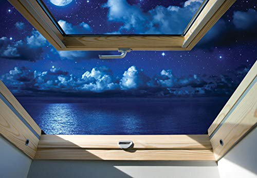 Forwall - Vlies Fototapete Fenster Nachthimmel 3D Effekt Wolken Optik 152x104 cm - Fototapeten - Tapeten - für Wohnzimmer Schlafzimmer - Vliestapete Wandtapete Tapete 3D Effekt- inkl. Kleister
