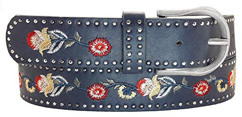 Zakatte • Damen bestickter Gürtel aus Kunstleder mit bunten Blumen (90 cm, Blau)
