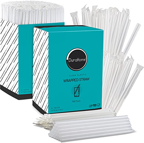 DuraHome Clear Plastic Straws Individually Wrapped 1000 Pack - 8 inch Drinking Straw, BPA Free - Restaurant Style Disposable Straws 0.24 Wide, Bulk Set