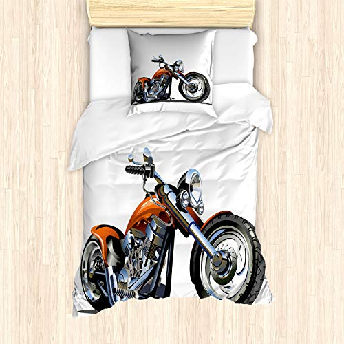 ABAKUHAUS Karikatur Bettbezug Set für Einzelbetten, Motorrad-Abenteuer, Milbensicher Allergiker geeignet mit Kissenbezug, Orange Schwarz