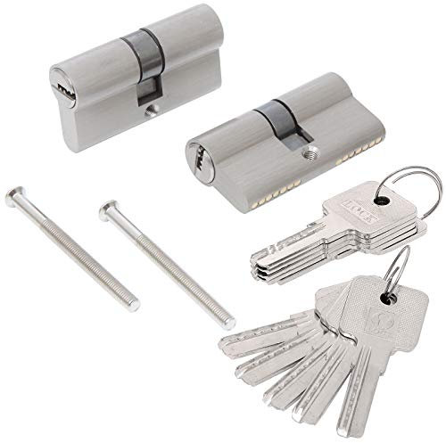 ASelected Lot de 2 Cylindre de Porte, Cylindre Serrure Nickelé30/30 mm Anti-Casse avec 5 clés, Cylindre Double Entrée Haute Sécurité