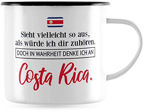JUNIWORDS Emaille-Tasse, Sieht vielleicht so aus, als würde ich dir zuhören. Doch in Wahrheit denke ich an Costa Rica (1001365), Schwarzer Tassenrand