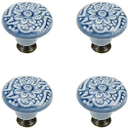 Geesatis Lot de 4 boutons de cuisine ronds en céramique à trou unique pour tiroir, placard, avec vis de montage, bleu