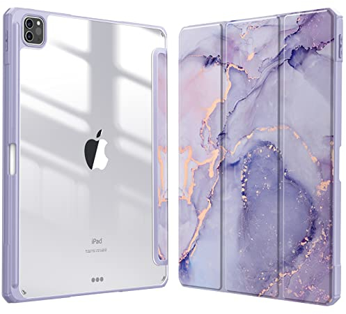 FINTIE Hybrid Hülle für iPad Pro 12.9 2022 (6. Generation)/ iPad Pro 12.9 2021/2020/2018 mit Stifthalter - Stoßfeste Schutzhülle mit transparenter Hartschale auf der Rückseite, Lila Marmor