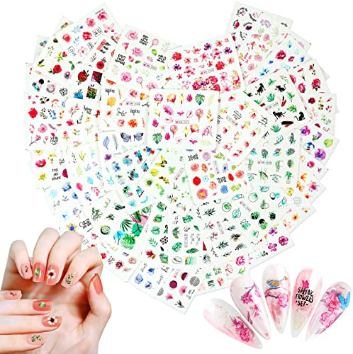 MWOOT 48 Blätter Blumen Nagel Wassertransfer Aufkleber, Nail Art Stickers, Nagelsticker Abziehbilder Mit Schmetterling Frühling Designs, DIY Tattoo Aufkleber Maniküre Dekoration