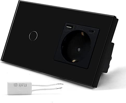 BSEED Interruptor Regulador de Luz y Enchufe con 2.1A USB Mejorado Conector de Carga y Enchufe Tipo C 1 Gang 2 Vía Negro