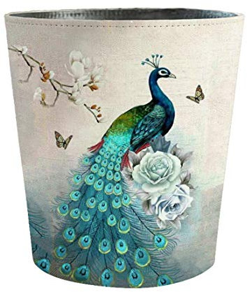 Scakbyer 10 l PU-Leder-Mülleimer mit Pfauen-Motiv, dekorativer wasserdichter Papierkorb, Mülleimer für Zuhause, Büro, Badezimmer, Pfauen-Muster
