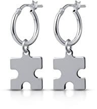 Amberta Women 925 Sterling Silver Dangle Hoop Earrings: Puzzle Piece Charm Hoop Earrings