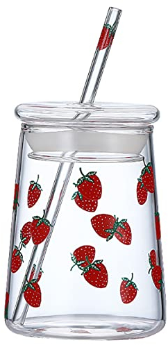 JHNIF 18 Oz Lovely Strawberry Clear Glass Tumbler with Lid and Straw.