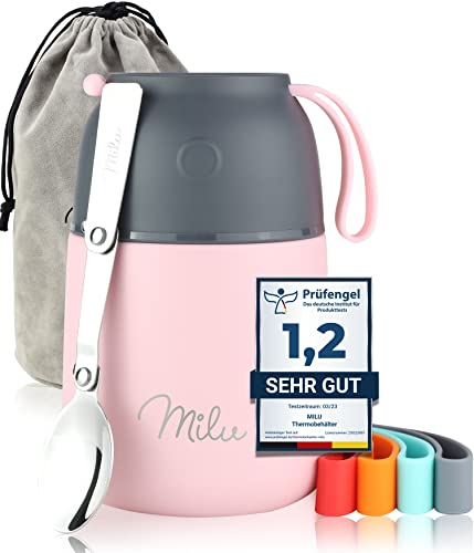 Milu® Thermobehälter für Essen 450ml, Edelstahl Warmhaltebehälter mit Löffel, Thermobecher Essen, Thermo Lunchbox für Kinder, Erwachsene, Thermobox Suppen, Babybrei, Speisebehälter Rosa, 450ml