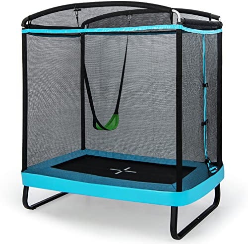 COSTWAY 6FT Kids Trampoline, 2 in 1 Toddler Trampolines with Swing and Enclosure Safety Net, Rectangle Trampoline for Outdoor (Black + Blue)