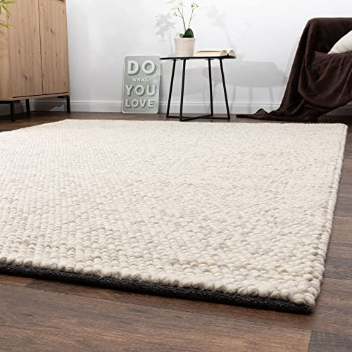 Steffensmeier Handweb Teppich Larbach | Wolle, Beige, handgewebt, Größe: 170x240 cm Wohnzimmer und Schlafzimmer