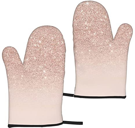 Heat Resistant Oven Gloves Sets Of 2 - Rose Gold Wallpaper Printed Kitchen Non-Slip Microwave Oven Mitts 1 Pair For Baking Cooking Bbq