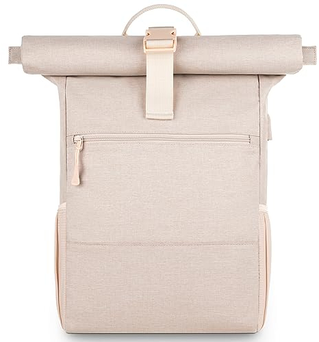 RJEU Laptop Rucksack für 17 Zoll,Rolltop Rucksack Herren Damen,Laptoptasche für Schule,Studium,Reisen,Schulrucksack(Beige-26L)