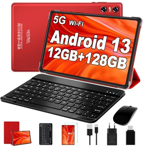 YESTEL Tablet 10 Pulgadas con 12 GB RAM 128 GB ROM (1TB TF), GPS, 2.4G + 5G Wi-Fi, 2.0 GHz, Bluetooth 5.0, 5 MP + 8 MP, Android Tablet con Teclado + Ratón + Funda, Rojo Oscuro