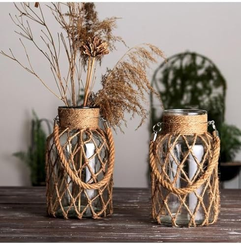 YZHZOM Rattan-Vase zum Aufhängen, dekorative Gläser mit Seil für Hochzeit, Party, Tisch, Meer, Strand, Dekoration, 2 Vasen, 20,3 cm, 2 Stück