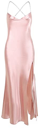 OCCOKO Abito Donna in Raso Senza Maniche con Spalline con Scollo Anello Abiti Cerimonia con Spacco Aderente Estivo Increspato Abito Bianco Elegante Vestiti Lunghi Eleganti Estivi (XL,Rosa-A)