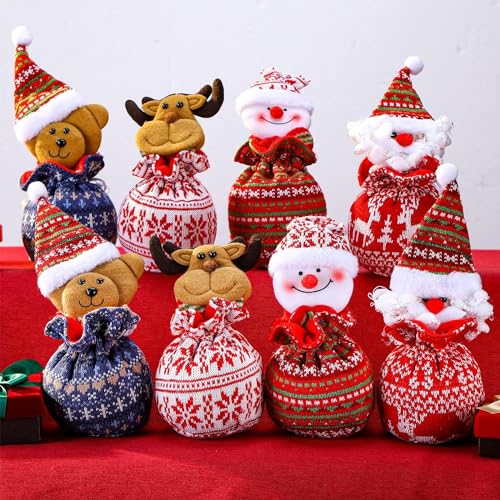 LATERN 8 Stück Weihnachten Gestrickte Puppen Geschenktüten, 27CM Wiederverwendbare Sackleinen Geschenktüten 3D Weihnachtsmann Elchbär Apfeltasche mit Kordelzug für Weihnachten Urlaub Party (4 Stile)