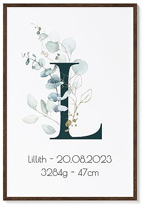 Minimalistisches Geburtsposter personalisiert mit Geburtsdaten und Namen, DIN A4 Poster, Geschenk zur Geburt für Eltern Mama und Papa, Baby, Taufe - ohne Rahmen (Eukalyptus Buchstaben)