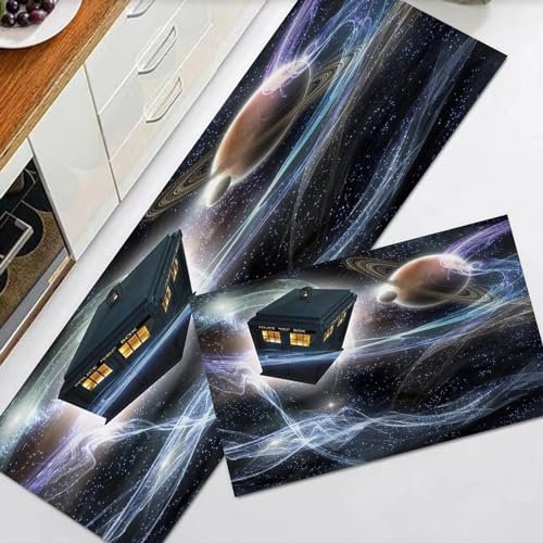 EKSED Küchenteppiche 2 Stück, Rutschfestes Küchenmatten,Doctor Who Tardis Dans Sternenhimmel-Fantasie-Hintergrund,Wasser aufnehmen KüchenMatt Fußmatte Teppich Set, Fußmatte für Drinnen,40x60+40x120cm