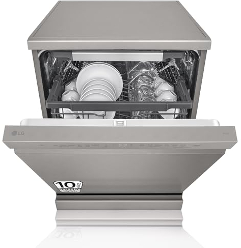 LG DF355FP - Lavavajillas con Tecnología QuadWash, Sistema EasyRack, Cestos Flexibles, Bandeja para Cubiertos, Antihuellas, Clasificación C, 14L, Inox