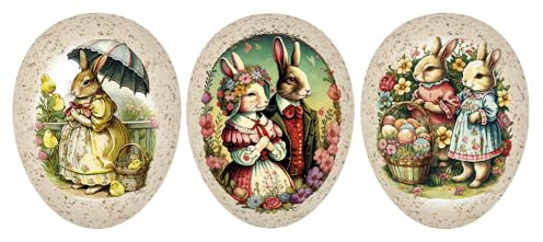 Nestler 3er Set Ostereier zum Befüllen Handgemachte Eier aus Pappe Verschiedene Größen Serie - Familie Hase - Liebevolles Ostergeschenk Osterei (12 cm)