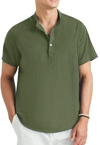 Enlision Camisas Lino Hombre Manga Corta Sin Cuello Mao Camisa Ibicenca para Hombres Verde Oliva Verano Casual Camisetas con Botónes Playa Ropa L
