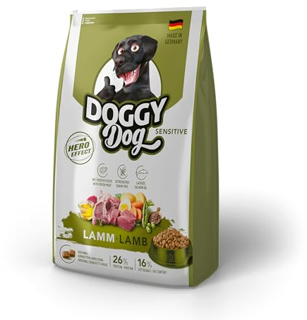DOGGY Dog Lamm Sensitive, 10 kg, Trockenfutter mit hohem Fleischanteil für sensible Hunde, getreidefreies Hundefutter mit Lachsöl, Made in Germany